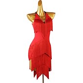 voordelige Latin danskleding-dans salsa latin dansjurk franjes kwastje split joint dames performance training mouwloze chinlon