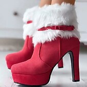 お買い得  足首ブーツ-女性用 ヒール ブーツ バレンタインギフト プラスサイズ ヒールブーツ アウトドア 日常 純色 フリースライナー ブーツアンクルブーツ 冬 プラットフォーム スティレットヒール ラウンドトウ ヴィンテージ カジュアル ミニマリズム フェイクスエード ファスナー ブラック レッド