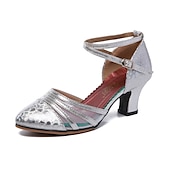 preiswerte Lateinamerikanische Schuhe-Rote Latein-Tanzschuhe für Damen – glänzende Kunstleder-Absätze mit Mesh-Einsätzen und Knöchelriemen für Standardtanz, Salsa und Auftritte