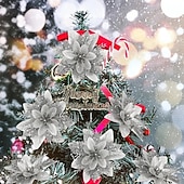 olcso Koszorúk, Girlandok és Díszek-50db piros mikulásvirág műkarácsonyi dekor, csillogó mikulásvirág karácsonyfa virágdísz, barkácsolt karácsonyi koszorú dekor
