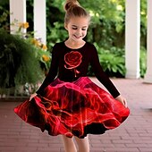 cheap 3D Flower Dress-Girls&#039; 3D Rose Dress Long Sleeve 3D Print Fall Winter Vacation Sports &amp; Outdoor Daily Cute Casual Beautiful Kids 3-12 Years Casual Dress A Line Dress Above Knee Regular Fit