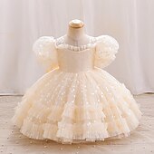 levne Párty šaty-Batole Dívčí Šaty na párty Pevná barva Krátký rukáv Výkon Svatební Nahoře nabírané Aktivní Princeznovské Polyester Délka ke kolenům Šaty na párty Léto Jaro 3-7 let Šampaňská