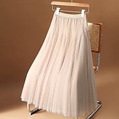 abordables Jupes unies-jupe femme jupe midi évasée froncée superposée couleur unie rendez-vous quotidien printemps, automne, hiver, été élégante longue abricot noir blanc rose