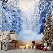 billige Skogteppe-hengende billedvev vinter eventyrland snø skog veggkunst stor billedvev veggmaleri dekor fotografi bakteppe teppe gardin hjem soverom stue dekorasjon