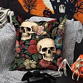 economico Camera di Halloween-federa per cuscino bifacciale 1 pz. federa per cuscino quadrato decorativo morbido con fiore di scheletro per camera da letto, soggiorno, divano, sedia, decorazioni
