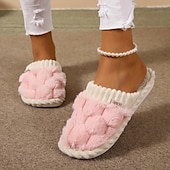 baratos Chinelos de mulher-chinelos femininos rosa felpudos, sapatos confortáveis para casa com cabedal de malha e forro de pelúcia para conforto no inverno