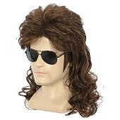 cheap Historical Wigs-Long Dark Brown Wig Rock Star Style Mullet Cosplay Wig 70s 80s Costume Wig Carnival Curly Hair Party Wigs Halloween Wigs