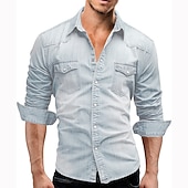 abordables chemises en jean pour hommes-Homme Chemise en Jean Gris Clair Gris foncé Bleu clair manche longue Couleur Unie Col Rabattu Vacances Occasionnel Boutonné Vêtement Tenue Polyester Mode Occasionnel Respirant Confortable