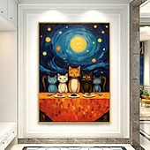 preiswerte Tiergemälde-handgemalter Ölgemälde, Leinwand, Wandkunst, Dekoration, abstraktes Messergemälde, Sternenkatze im Van-Gogh-Stil, für Heimdekoration, gerolltes, rahmenloses, ungedehntes Gemälde