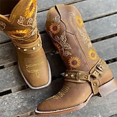 tanie Kowboj i zachodnie buty-damskie kowbojskie buty w stylu western z haftem słonecznika – vintage&#039;owe buty festiwalowe ze sztucznej skóry z paskiem na festiwale muzyczne i do noszenia na co dzień