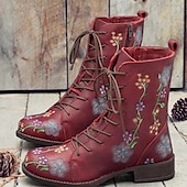 cheap Ankle Boots-Women&#039;s Vintage Floral Embroidered Lace-Up Ankle Boots - Bohemian Style Leather Boots with Side Zipper for Fall and Winter