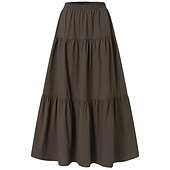 cheap Dresses-Women&#039;s Skirt Swing Long Skirt Fashion Casual Maxi Mid Waist Skirts Solid Colored Ruched Ruffle Vacation Street Black Wine Purple Brown Spring &amp; Summer Cotton Linen