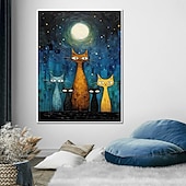 preiswerte Tiergemälde-handgemalter Ölgemälde, Leinwand, Wandkunst, Dekoration, abstraktes Messergemälde, Sternenkatze im Van-Gogh-Stil, für Heimdekoration, gerolltes, rahmenloses, ungedehntes Gemälde