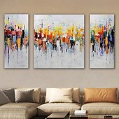 お買い得  抽象画-3パネル油絵キャンバスに100％手作りの手描きの壁アートカラフルな水平抽象モダンな家の装飾の装飾引き伸ばされたフレームとロールキャンバス