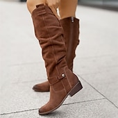 levne Slouch Boots-dámské semišové vysoké boty ke kolenům s přezkou - ležérní plochý podpatek pro každodenní i podzimní módu