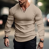 preiswerte Lässiges Henley-T-Shirt-Herren T Shirt Henley Shirt Geripptes Strick-T-Shirt T-Shirt langarmshirt Glatt Grubenstreifen V Ausschnitt Strasse Urlaub Langarm Bekleidung Modisch Designer Basic