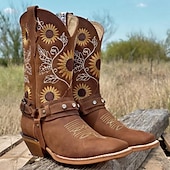 tanie Kowboj i zachodnie buty-damskie kowbojskie buty w stylu western z haftem słonecznika – vintage&#039;owe buty festiwalowe ze sztucznej skóry z paskiem na festiwale muzyczne i do noszenia na co dzień