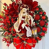 olcso Karácsonyi fények-szent karácsonyi koszorú lámpákkal, elegáns vörös jézus karácsonyi koszorúk, karácsonyi díszek, kültéri karácsonyi koszorú, vegyes díszítéssel telerakott műkoszorú az ablakfal kandalló tornácra