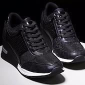 cheap Women's Sneakers-Women's Sneakers Plus Size Height Increasing Shoes Platform Sneakers Outdoor Daily Color Block Summer Platform Wedge Heel Round Toe Fashion Sporty Casual Walking Faux Leather Lace-up Leopard Black