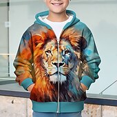 billiga Pojkens 3D-djur-Pojkar 3D Lejon Huvtröja Kappa Ytterkläder Långärmad 3D-tryck Höst Vinter Mode Streetwear Häftig Polyester Barn 3-12 år Utomhus Ledigt Dagligen Normal