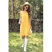 cheap Design Cotton &amp; Linen Dresses-Women&#039;s Black Yellow khaki Summer Spring Midi Dress Linen-Inspired Dresses Casual Dress Cotton Linen Dress Basic Casual Outdoor Vacation Daily Regular Fit Pure Color V Neck