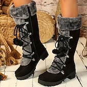 abordables Bottes de neige et d&#039;hiver-bottes d&#039;hiver noires à lacets pour femmes avec bordure en fausse fourrure, détails à pompons et semelle antidérapante robuste pour la neige et le froid en extérieur