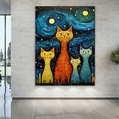 preiswerte Tiergemälde-handgemalter Ölgemälde, Leinwand, Wandkunst, Dekoration, abstraktes Messergemälde, Sternenkatze im Van-Gogh-Stil, für Heimdekoration, gerolltes, rahmenloses, ungedehntes Gemälde