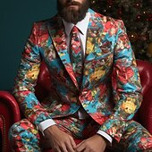 cheap Men&#039;s Print Blazers-Penguin Business Men&#039;s Coat Blazer Work Wear to work Going out Fall &amp; Winter Turndown Long Sleeve Red Blue S M L Polyester Weaving Jacket