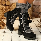 abordables Bottes de neige et d&#039;hiver-bottes d&#039;hiver noires à lacets pour femmes avec bordure en fausse fourrure, détails à pompons et semelle antidérapante robuste pour la neige et le froid en extérieur