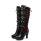 cheap Shoes For Women-Women&#039;s Gothic Lace-Up High Heel Knee-High Boots with Multiple Buckle Straps - Steampunk Style Black Leather Boots with Red Lace Detailing, Perfect for Cosplay and Halloween