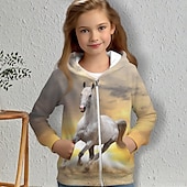 billiga Flickans 3D-tecknad film-tjej 3d häst hoodie kappa ytterkläder långärmad 3d print höst vinter aktivt mode söt polyester barn 3-12 år utomhus casual daglig normal passform