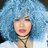 economico Parrucche trendy sintetiche-parrucche afro corte e ricce per le donne parrucca riccia crespa blu con frangia bomba capelli ricci parrucche sintetiche senza colla complete in fibra resistente al calore parrucca di Halloween di