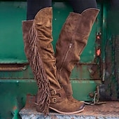 cheap Cowboy &amp; Western Boots-Women&#039;s Brown Suede Fringe Knee-High Boots with Buckle Straps - Western Style for Festivals, Casual Outings, and Outdoor Adventures