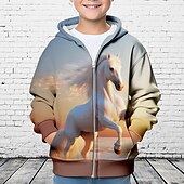 billiga Pojkens 3D-djur-Pojkar 3D Häst Huvtröja Kappa Ytterkläder Långärmad 3D-tryck Höst Vinter Mode Streetwear Häftig Polyester Barn 3-12 år Utomhus Ledigt Dagligen Normal