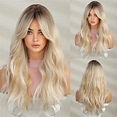 economico Parrucche trendy sintetiche-Parrucche bionde lunghe con ombre ombre Parrucche ondulate a strati dall&#039;aspetto naturale per le donne Parrucche per capelli resistenti al calore Parrucche sintetiche per feste cosplay Parrucche per
