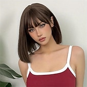 お買い得  トレンドの合成ウィッグ-ブラウン 14 インチ ボブ ショート ストレート ヘアウィッグ 前髪付き かわいい 合成繊維 女性用ウィッグ 毎日のハロウィーンパーティー コスプレ用 クリスマスパーティーウィッグ