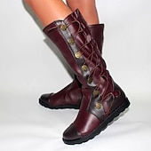 abordables Botas vintage-Botas altas medievales con cordones marrones para mujer: botas vintage de piel sintética con botones decorativos para cosplay, ferias renacentistas y recreaciones históricas