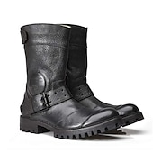 baratos Botas de motociclista-botas masculinas de couro sintético marrom para motociclistas com tiras de fivela – botas resistentes de cano médio para motociclistas e uso ao ar livre