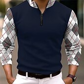 Men's Plaid Zip Polo Long Sleeve Polo Shirts Zip Business Outdoor Casual Daily Streetwear 3D Print Fall & Winter Black White Dark Navy 9
