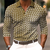 cheap Men&#039;s Geometric Polo-Men&#039;s Geometric Polo Shirts Golf Shirt Long Sleeve Polo Shirts Collared Shirts Business Casual WorkWear Formal Wear Festival Wear Buttons 3D Print Fall &amp; Winter White Blue Brown