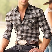 abordables chemises western pour hommes-Homme Plaid Chemise Chemise Western Chemise de cow-boy manche longue Rétro Vintage style occidental Usage quotidien Sortie Fin de semaine Automne hiver Col rabattu Poche Imprimer Bouton bas Noir
