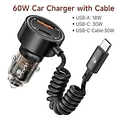 お買い得  車用充電器-60 ワットデュアルポートベルトタイプ c ライン透明車の充電器には 1 メートルのタイプ c データワイヤー pd3.0 qc3.0 急速充電 iphone サムスン ファーウェイ xiaomi 携帯電話車に必要な充電器が付属しています