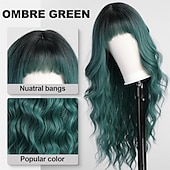 economico Parrucche trendy sintetiche-kome parrucche verdi con frangia, parrucca verde per donne evidenzia parrucca lunga ondulata per donne, parrucche lunghe ricci parrucca di capelli sintetici per feste cosplay uso quotidiano parrucche