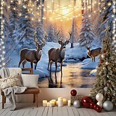 cheap Landscape Tapestry-Winter Wonderland Hanging Tapestry Wall Art Large Tapestry Mural Decor Photograph Backdrop Blanket Curtain Home Bedroom Living Room Decoration Snow Reindeer