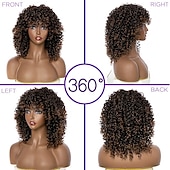 economico Parrucche trendy sintetiche-parrucche ricci per donne nere - parrucca riccia afro crespa con frangia biondo bicolore misto marrone colore parrucche sintetiche resistenti al calore parrucche per feste di Natale