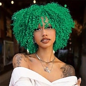 economico Parrucche trendy sintetiche-parrucche afro corte e ricce per le donne parrucca riccia crespa blu con frangia bomba capelli ricci parrucche sintetiche senza colla complete in fibra resistente al calore parrucca di Halloween di