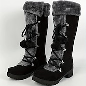 abordables Bottes de neige et d&#039;hiver-bottes d&#039;hiver noires à lacets pour femmes avec bordure en fausse fourrure, détails à pompons et semelle antidérapante robuste pour la neige et le froid en extérieur