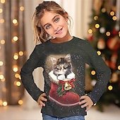abordables Tops de Noël pour Enfants-Fille 3D Chat Tee-shirts Chemise manche longue 3D effet Automne Hiver Actif Mode Le style mignon Polyester Enfants 3-12 ans Col Ras du Cou Extérieur Casual du quotidien Standard