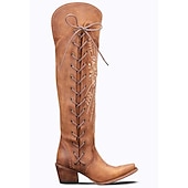 levne Cowboy &amp; Western Boots-dámské hnědé vyšívané šněrovací kovbojské boty nad kolena, westernový styl pro ležérní outfity a country akce