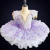 cheap Kids&#039; Dancewear-Kids&#039; Dancewear Ballet Dance Costumes Dress Pearls Splicing Paillette Girls&#039; Performance Party Short Sleeve Spandex